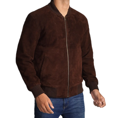 Men's Dark Brown Suede Bomber Jacket