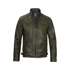 Men's Dark Green Real Leather Cafe Racer Biker Jacket