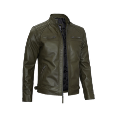 Men's Dark Green Real Leather Cafe Racer Biker Jacket