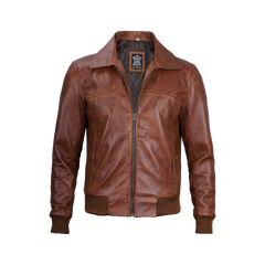 Men's Distressed Brown Leather Bomber Jacket — Vintage Style
