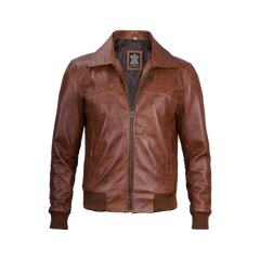 Men's Distressed Brown Leather Bomber Jacket — Vintage Style
