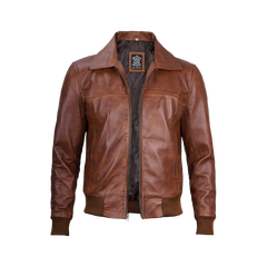 Men's Distressed Brown Leather Bomber Jacket — Vintage Style