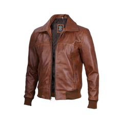 Men's Distressed Brown Leather Bomber Jacket — Vintage Style