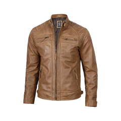 Men’s Waxed Camel Cafe Racer Leather Jacket