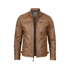 Men’s Waxed Camel Cafe Racer Leather Jacket