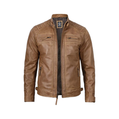 Men’s Waxed Camel Cafe Racer Leather Jacket
