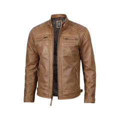 Men’s Waxed Camel Cafe Racer Leather Jacket