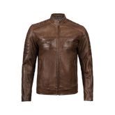 Men's Distressed Coffee Brown Leather Cafe Racer Jacket
