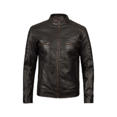 Men's Distressed Dark Brown Cafe Racer Real Leather Jacket