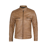 Men's Distressed Tan Cafe Racer Real Leather Jacket