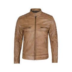 Men's Distressed Tan Cafe Racer Real Leather Jacket