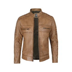 Men's Distressed Tan Cafe Racer Real Leather Jacket