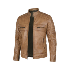 Men's Distressed Tan Cafe Racer Real Leather Jacket