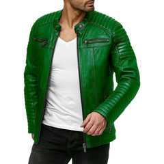 Men's Green Cafe Racer Rider High Quality Genuine Leather Jacket