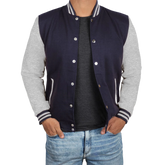 Men's Grey and Blue Varsity Jacket - Bomber Letterman Style