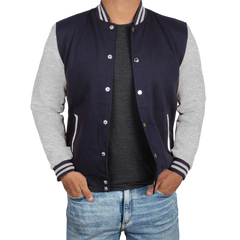 Men's Grey and Blue Varsity Jacket - Bomber Letterman Style