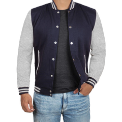 Men's Grey and Blue Varsity Jacket - Bomber Letterman Style