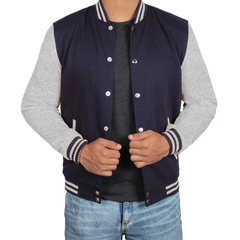 Men's Grey and Blue Varsity Jacket - Bomber Letterman Style