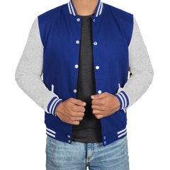 Men's Grey and Royal Blue Varsity Jacket - Letterman Style