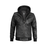 Men's Dark Gray Leather Bomber Jacket with Removable Hood