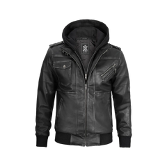 Men's Dark Gray Leather Bomber Jacket with Removable Hood
