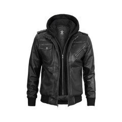 Men's Dark Gray Leather Bomber Jacket with Removable Hood