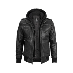 Men's Dark Gray Leather Bomber Jacket with Removable Hood