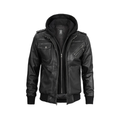 Men's Dark Gray Leather Bomber Jacket with Removable Hood