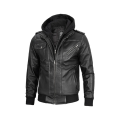 Men's Dark Gray Leather Bomber Jacket with Removable Hood