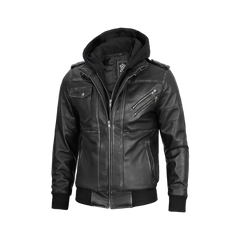 Men's Dark Gray Leather Bomber Jacket with Removable Hood