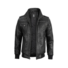Men's Dark Gray Leather Bomber Jacket with Removable Hood