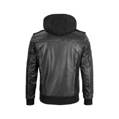 Men's Dark Gray Leather Bomber Jacket with Removable Hood