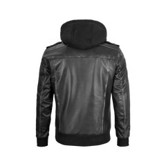 Men's Dark Gray Leather Bomber Jacket with Removable Hood