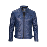 Men's Leather Blue Wax Cafe Racer Biker Jacket