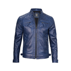 Men's Leather Blue Wax Cafe Racer Biker Jacket