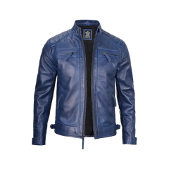 Men's Leather Blue Wax Cafe Racer Biker Jacket
