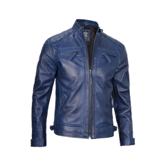 Men's Leather Blue Wax Cafe Racer Biker Jacket