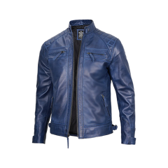Men's Leather Blue Wax Cafe Racer Biker Jacket