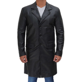 Men's Long Black Real Cowhide Leather Trench Coat