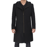 Men's Long Black Wool Coat with Hood