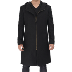 Men's Long Black Wool Coat with Hood