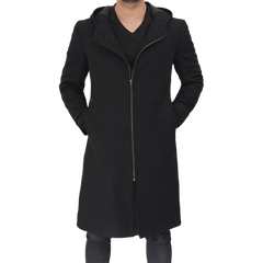 Men's Long Black Wool Coat with Hood
