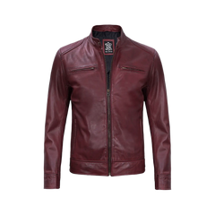 Men's Burgundy Leather Cafe Racer Motorcycle Jacket