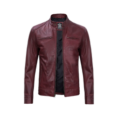 Men's Burgundy Leather Cafe Racer Motorcycle Jacket