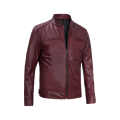 Men's Burgundy Leather Cafe Racer Motorcycle Jacket