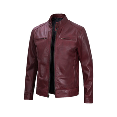 Men's Burgundy Leather Cafe Racer Motorcycle Jacket