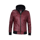 Men's Burgundy Leather Jacket with Removable Hood