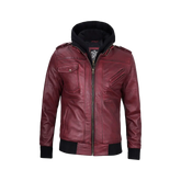 Men's Burgundy Leather Jacket with Removable Hood