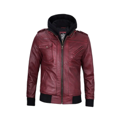 Men's Burgundy Leather Jacket with Removable Hood