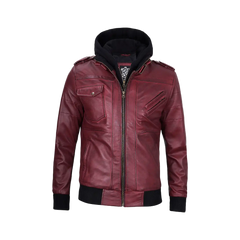Men's Burgundy Leather Jacket with Removable Hood